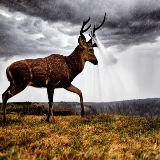 Prompt: 4 k hdr wide angle detailed portrait of a beautiful instagram model woman showering riding mounted on top of a wild deer in a rain shower during a storm with thunder clouds overhead and moody stormy lighting sony a 7