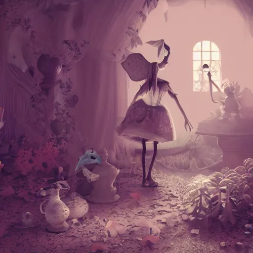 Image similar to alice in wonderland, illustration, 3 d, mistic atmosphere, scarry, octane render, intricate, hyper detailed, morning light, cute, well rendered