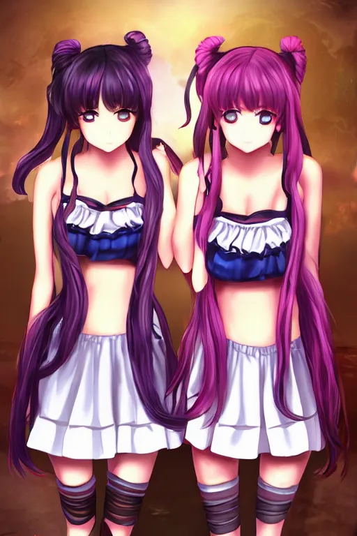 Prompt: two beautiful female idols with twin tails standing chest to chest, anime game art