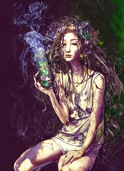 Image similar to portrait, beautiful Stoner hippy girl, sitting cross-legged, smoking a magical bong, watercolor, dramatic lighting, cinematic, establishing shot, extremely high detail, foto realistic, cinematic lighting, pen and ink, intricate line drawings, by Yoshitaka Amano, Ruan Jia, Kentaro Miura, Artgerm, post processed, concept art, artstation, matte painting, style by eddie mendoza, raphael lacoste, alex ross