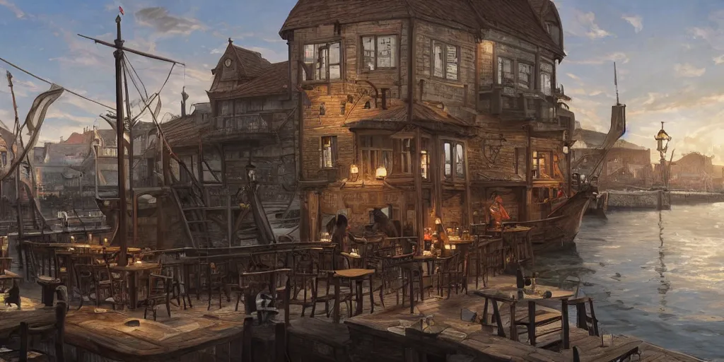 Prompt: empty medieval port town docks lively dockside tavern with a sort of ship theme, pokemon sword and sheild, bright future, social realism, highly detailed, digital painting, artstation, concept art, matte, sharp focus, illustration, art by artgerm and greg rutkowski and alphonse mucha