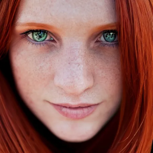 Image similar to close up portrait photo of the left side of the face of a redhead woman with blue eyes and big black round pupils who looks directly at the camera. Slightly open mouth, face covers half of the frame, with a park visible in the background. 135mm nikon. Intricate. Very detailed 8k. Sharp. Cinematic post-processing. Award winning photography, steve mccurry