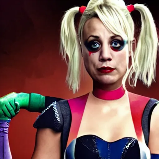 Image similar to A still of Kaley Cuoco as Harley Quinn