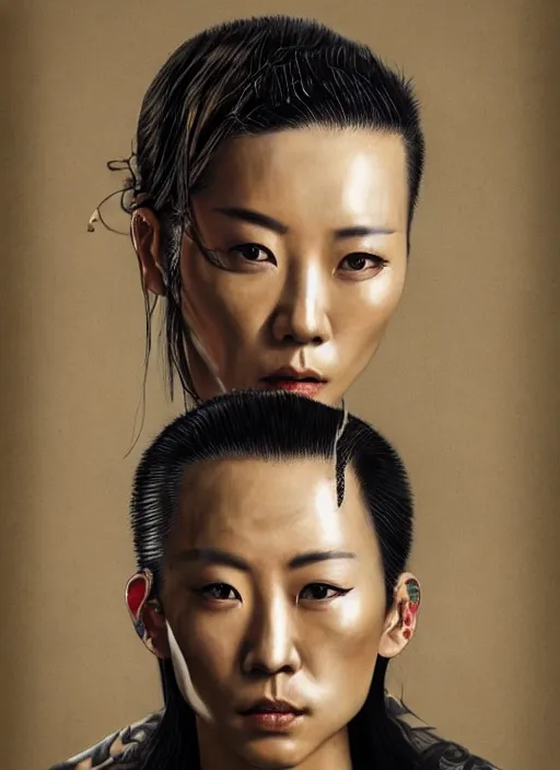 Prompt: Spray-paint portrait of Zhang Jingchu as a young tattoed yakuza, defiant look attitude, cinematic lighting, ultra-detailed, sharp focus, D&D style, highly detailed, sharp focus, golden background with flowers, photorealism, style of Hajime Sorayama, art by Hirothropologie , artgerm and Patrick DeMarchelier