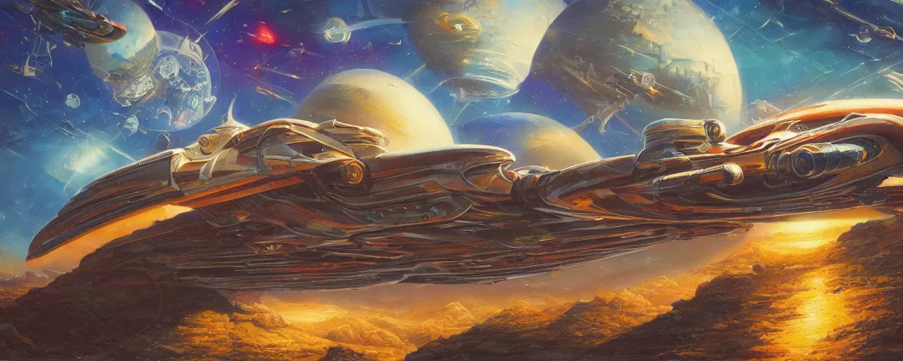 Image similar to stylish spaceship in retro scifi landscape, beautiful colours, sharp textures, nikolay georgiev, alex ross, bruce pennington, donato giancola, larry elmore, masterpiece, oils on canvas, trending on artstation, featured on pixiv, cinematic composition, sharp, details, hyper - detailed, hd, hdr, 4 k, 8 k