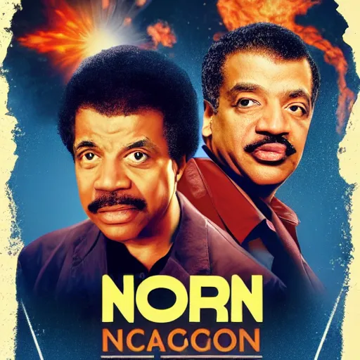 Prompt: iconic poster of an action movie starring neil degrasse tyson and stephen hawking