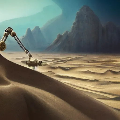 Prompt: painting of a sand landscape, futuristic, buried wreckage of biomechanical robots, oasis, 4 k. cinematic. epic.