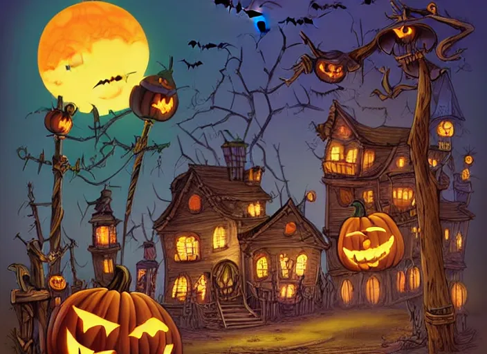 Image similar to Beautiful nostalgic digital art of a Halloween Town from Tim Burtons Nightmare Before Christmas in autumn at night by Brian Kesinger and Adrian Tomin