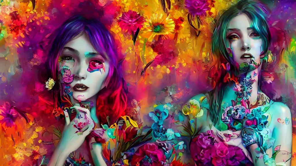 Image similar to stunning colorfull mixed media art, gotic stunning girl, flowers, heart symbol, skulls, art by cgsociety, 8 k, high resolution