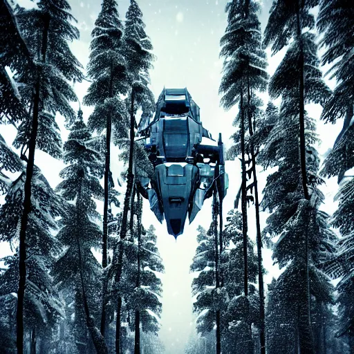 Prompt: futuristic colossal mech fortress travels across a swedish forest in the winter very low angle photograph trending on artstation