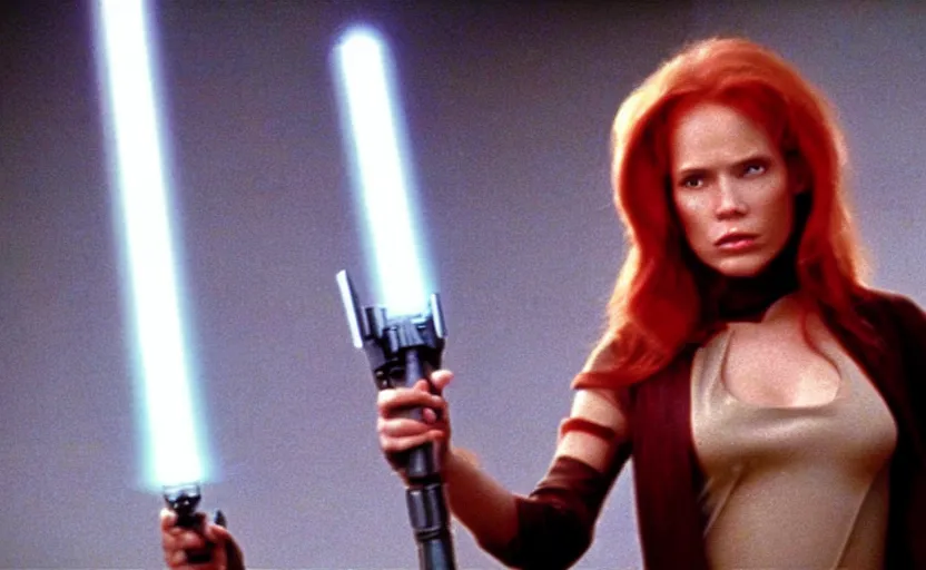 Image similar to screenshot of Julian Moore as Mara Jade, the female jedi in 1980s star wars film, with lightsaber from the film 2001 Space Oddyssey (1968) directed by Stanley Kubrick, 4k still frame, windy hair, cinematic lighting, stunning cinematography, hyper detailed scene, anamorphic lenses, kodak color film stock
