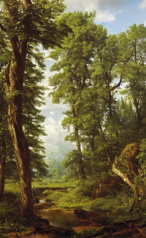 Image similar to artwork painting of a lush environment by eugene von guerard, ivan shishkin