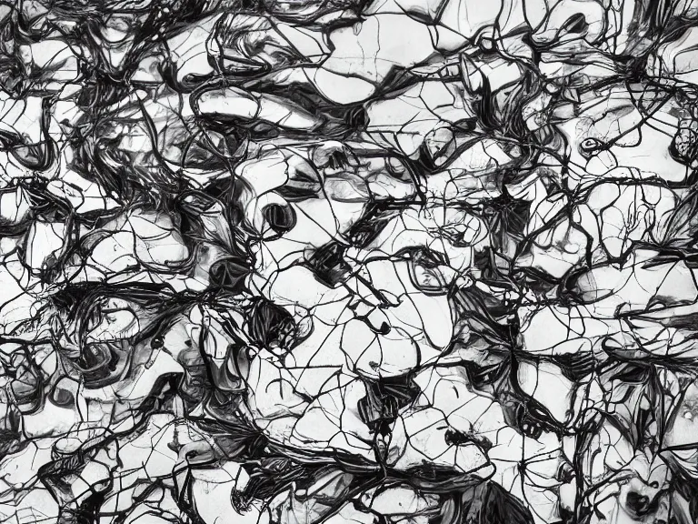 Image similar to remains of the stems of lotus flowers mirrored on a river and looking like sharp geometric scribbles, soft Chinese bridge contour far in the background, light fog, highly detailed black and white photograph by René Burri, 35mm, f/11, ISO 100, concept art, cgsociety, octane render, trending on artstation, artstationHD, artstationHQ, unrealengine