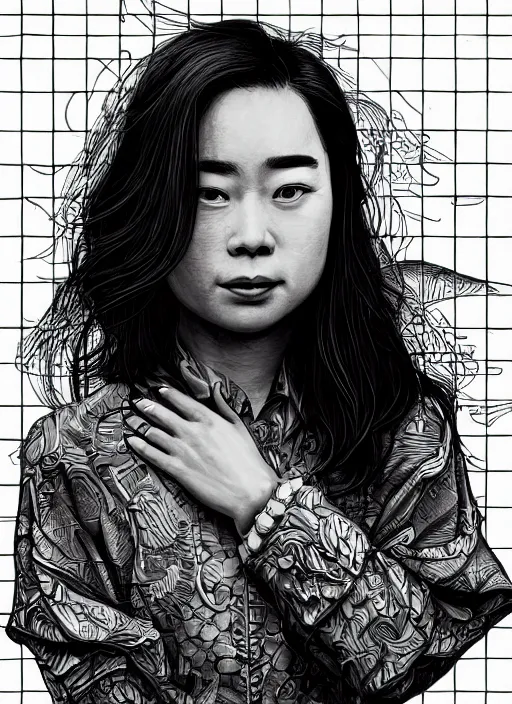 Image similar to closeup portrait of mitski, an ultrafine detailed illustration by james jean, intricate linework, bright colors, final fantasy, behance contest winner, vanitas, angular, altermodern, unreal engine 5 highly rendered, global illumination, radiant light, detailed and intricate environment