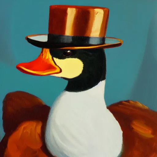 Prompt: Oil painting of a duck wearing a business suit and a top hat