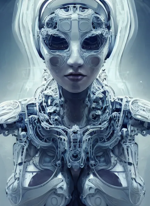 Prompt: a beautifull white cast futuristic biomechanical humanoid woman in power armor side portrait with pretty face in intricate detailed color smashing fluid oilpaint, melting wax, thin fractal tendrils, futuristic digital painting, cyberpunk, 8 k, hyper detailed, octane render, concept art, by peter mohrbacher, by wlop, by ruan jia,