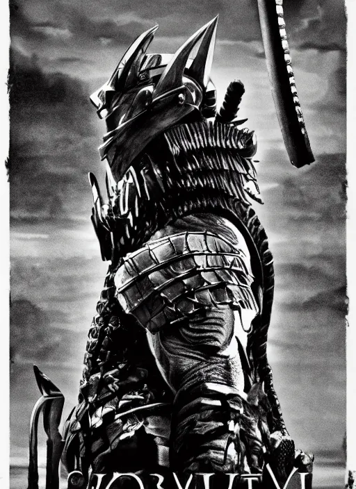 Prompt: movie film poster art for samurai vs predator film staring hiroyuki sanada. in the style of ansel adams, frank frazzetta, warcraft