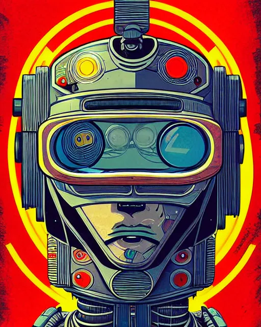 Prompt: robot, character portrait, portrait, close up, concept art, intricate details, highly detailed, vintage sci - fi poster, retro future, in the style of katsuhiro otomo