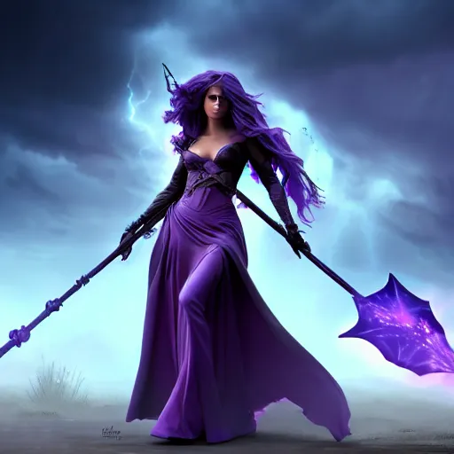 Image similar to a woman in a purple dress holding a staff and dark magic, storm and rain behind her, action scene, magical concept art, artstation contest winner, fantasy art, dark and mysterious, artstation hd, 1 2 0 mm lens, hero pose, detailed, 8 k, digital art