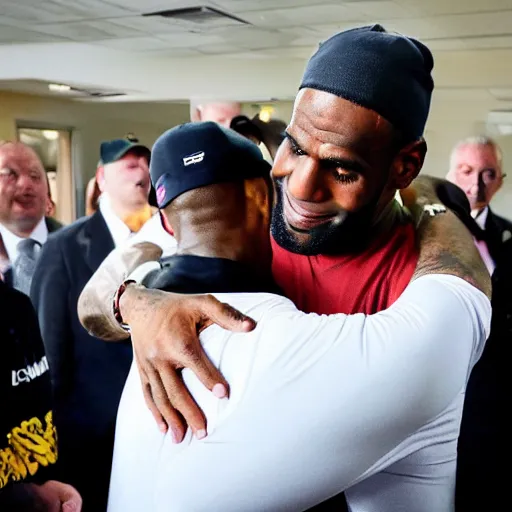 Prompt: photograph of lebron james hugging Jeffrey Epstein