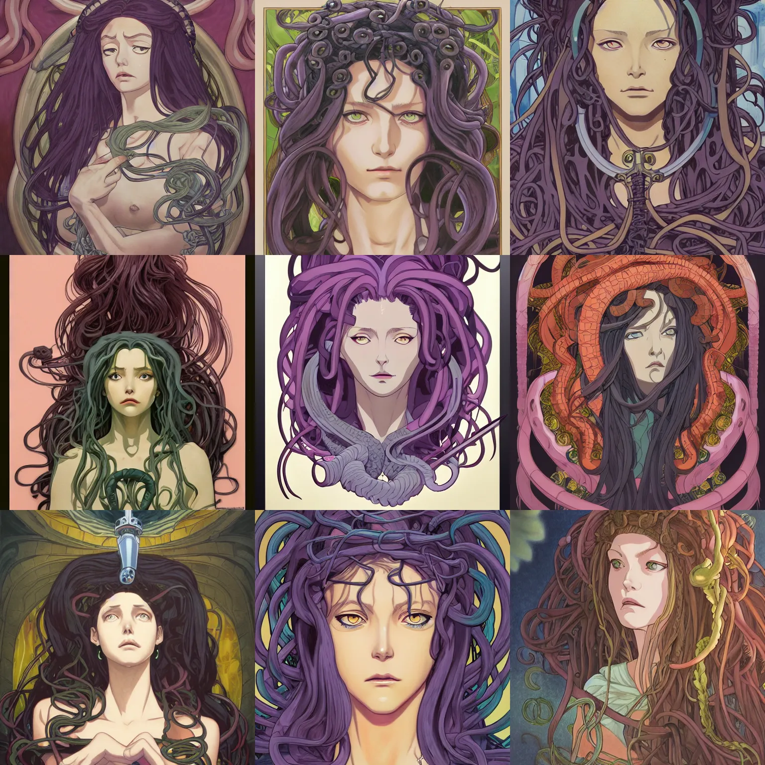 Prompt: portrait of medusa in her dark lair, facial focus, colored pencil, highly detailed, studio ghibli key visual, in the style of ilya kuvshinov and krenz cushart and alphonse mucha