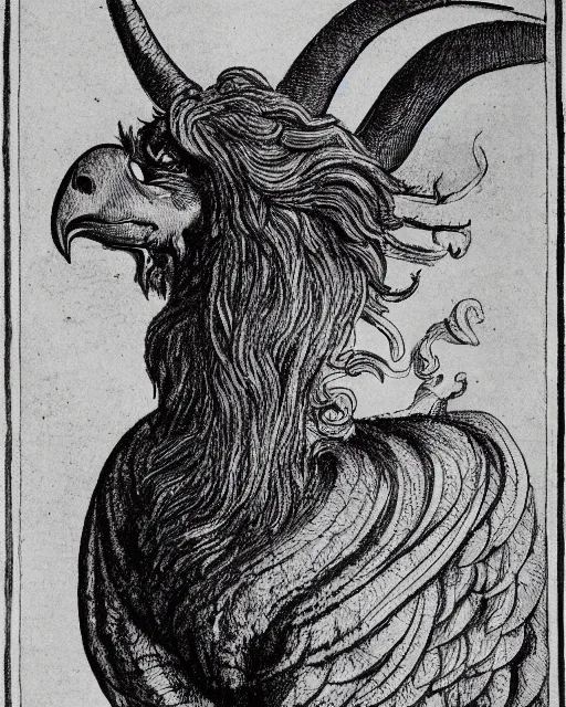 Image similar to a creature with the body and eyes of a man, with the beak of an eagle, the mane of a lion, and the horns of an ox. drawn by francis bacon and da vinci