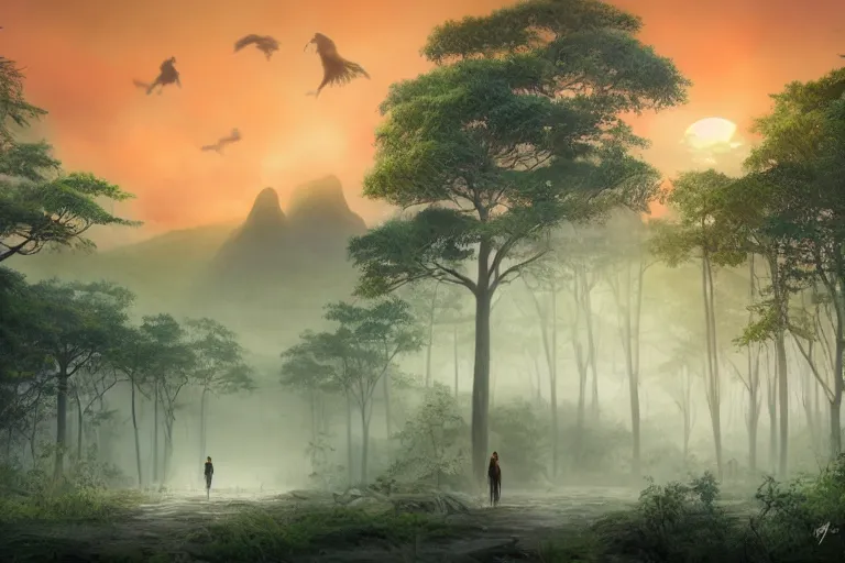 Prompt: odin all father walking through the forest during a beautiful sunset, jungle mountains in the background with huge incredibly immense trees, highly detailed, trending on art station, flying birds in the distance, ancient forest like fanal forest or fangorn forest, misty forest, realistic painting, sharp image, jurassic image, hyper realistic art, highly detailed leaves, cinematic