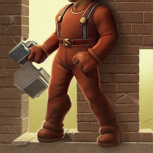 Prompt: full body shot of man super mario, brick wall background, highly detailed, digital painting, artstation, illustration, art by artgerm and greg rutkowski and alphonse mucha