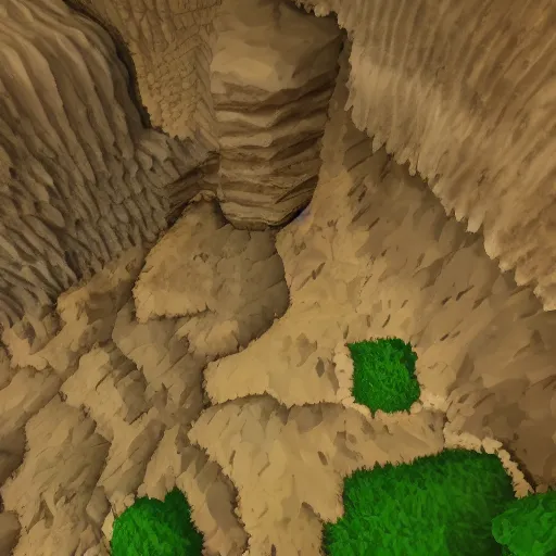 Image similar to top down view of a small segment of a cave, in the style of a highly realistic video game