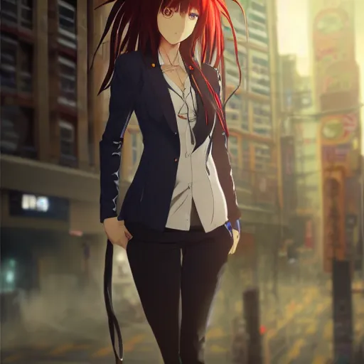 Image similar to kurisu makise steins gate in cyberpunk city, anime atmospheric, ultra realistic, standing, elegant, super highly detailed blue eyes, red tie, professional digital painting, artstation, concept art, 8k, art by wlop, artgerm and alphonse mucha and eiichiro oda