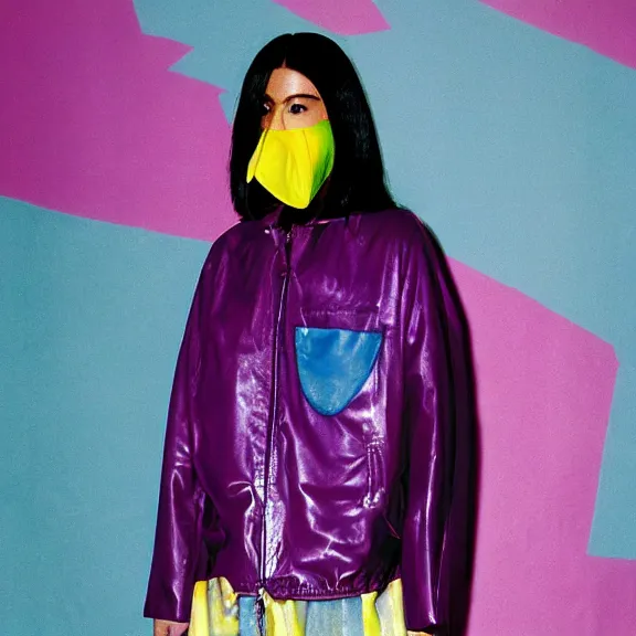 Image similar to model in plastic bird mask wearing baggy colorful 9 0 s jacket by rick owens. magazine ad. pastel brutalist background.