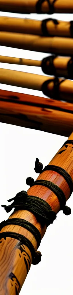 Image similar to picture of a single wooden long straight thin ninja fighting staff with oriental ornaments, bamboo, weapon, highlight, vertical, centred, highly symmetric, sci - fi, fantasy, japan, dnd, close shot, bright uniform background, award winning