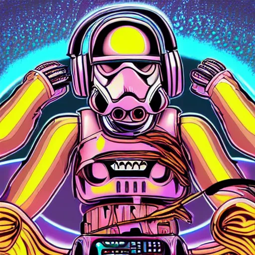 Image similar to artgerm, psychedelic laughing cybertronic storm trooper, rocking out, headphones dj rave, digital artwork, r. crumb, svg vector