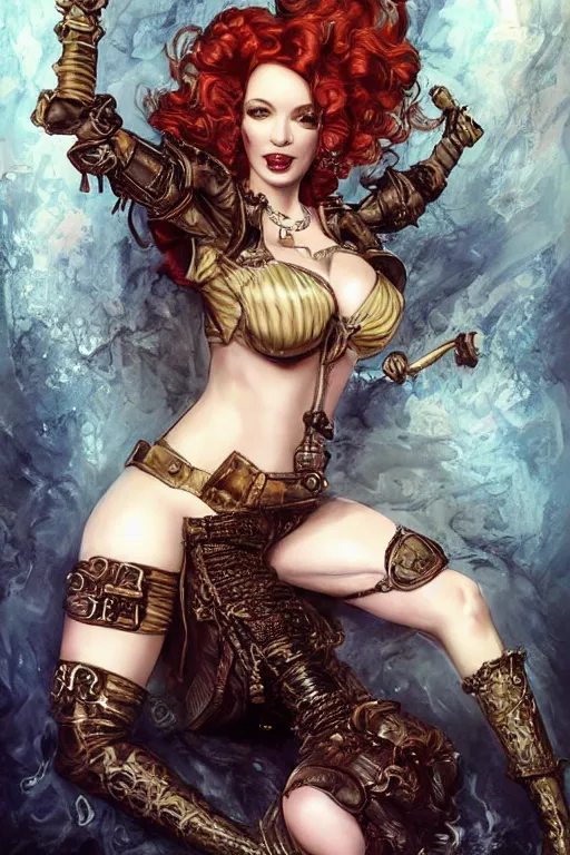 Prompt: three-quarters pose portrait of Christina Hendricks as a sensual Lady Mechanika, very beautiful young woman, ginger wavy hair, Victorian-era push-up underwire. Intricate, concept art, steampunk imagery themed, D&D!, fantasy style, sharp focus!, ultra detailed, art by Artgerm and Peter Andrew Jones, WLUP, Magali Villeneuve