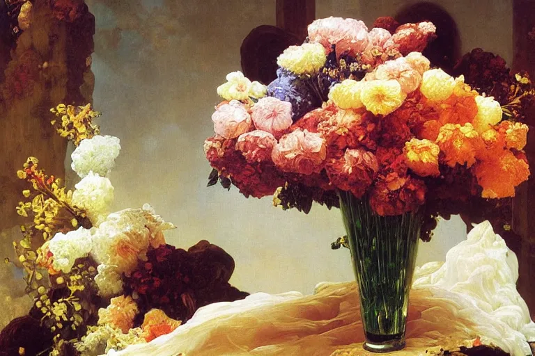 Image similar to vase of melting flowers, surreal oil painting, luminous, highly detailed, dream like, made by frederic leighton, jan davidsz