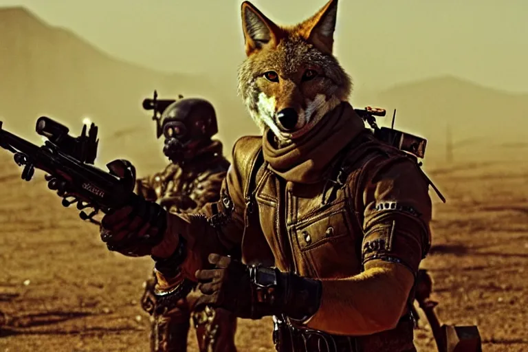 Image similar to a good ol'coyote fursona ( from the furry fandom ), heavily armed and armored facing down armageddon in a dark and gritty version from the makers of mad max : fury road. witness me.