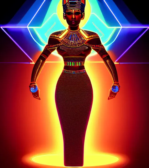 Image similar to symmetry!! egyptian queen of technology, solid cube of light, hard edges, product render retro - futuristic poster scifi, lasers and neon circuits, brown skin beautiful egyptian, queen, intricate, elegant, highly detailed, digital painting, artstation, concept art, smooth, sharp focus, illustration, dreamlike, art by artgerm