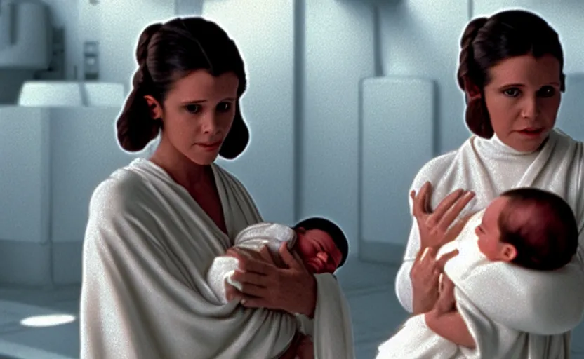 Image similar to screenshot of Princess Leia Organa holding a new born baby in a swaddle, Han Solo watches, iconic scene from 1980s Star Wars film directed by Ridley Scott, in a sci fi nursing home architecture, last jedi, 4k HD sharp, cinematic still frame, photoreal, detailed face, moody lighting, stunning cinematography, anamorphic lenses, kodak color film stock