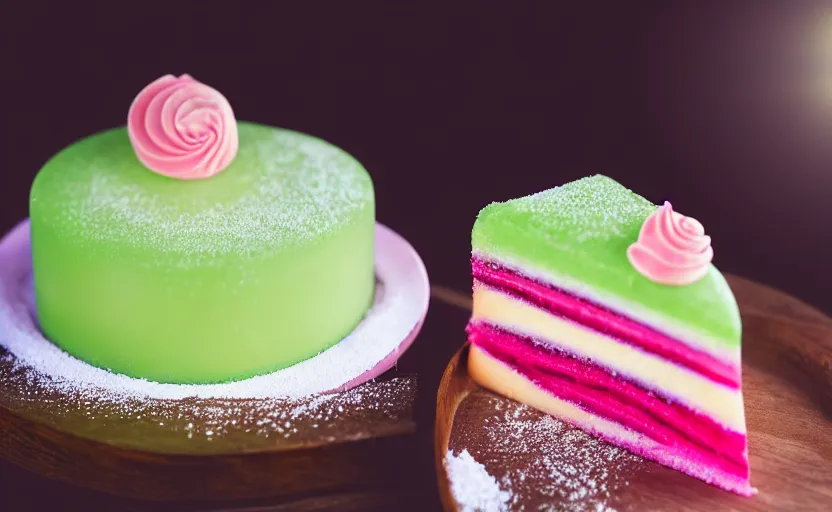 Image similar to A photo of a swedish princess cake from the side on a wooden table, covered with pink marzipan, some powder sugar and a green marzipan leaf in the center. Sunset. 4K. Cinematic lighting. High detail. Realistic. Delicious.