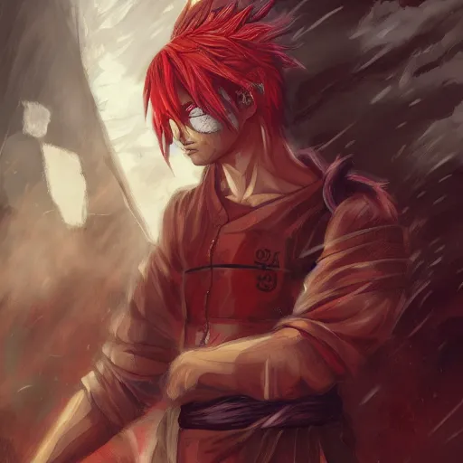 Image similar to Gaara Narutopunk Oni Shinobi at the gates of Tartarus Sand Crest Ninja Warrior Portrait Portrait Wearing Red Ninja-Yoroi Ross Tran Max Grecke Max Ernst Rossdraws Ryan Gitter Ilya Repin Final Fantasy Cover Art