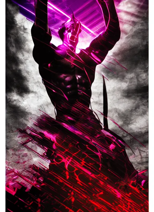 Prompt: elegant dark design poster showing a heroic statue of achilles, black background with very subtle red and purple design elements, bold, powerful, nekro, vito acconci, thin straight purple lines, dark, glitch art, neo vaporwave, gritty, layout frame, square, trending on artstation