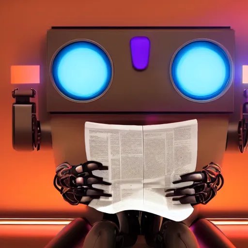 Image similar to futuristic lonely matte brown and red full-body humanoid robot with two huge round expressive sad purple glowing LED eyes and open rectangular mouth sitting on a large comfortable cushioned 1950s vintage recliner reading a newspaper. open newspaper. Cinematic Movie Photograph, Arri Alexa, Extremely Detailed, smooth, very very clean, 8K, octane render, maya render, unreal engine, trending on artstation, DSLR, excellent composition, center frame