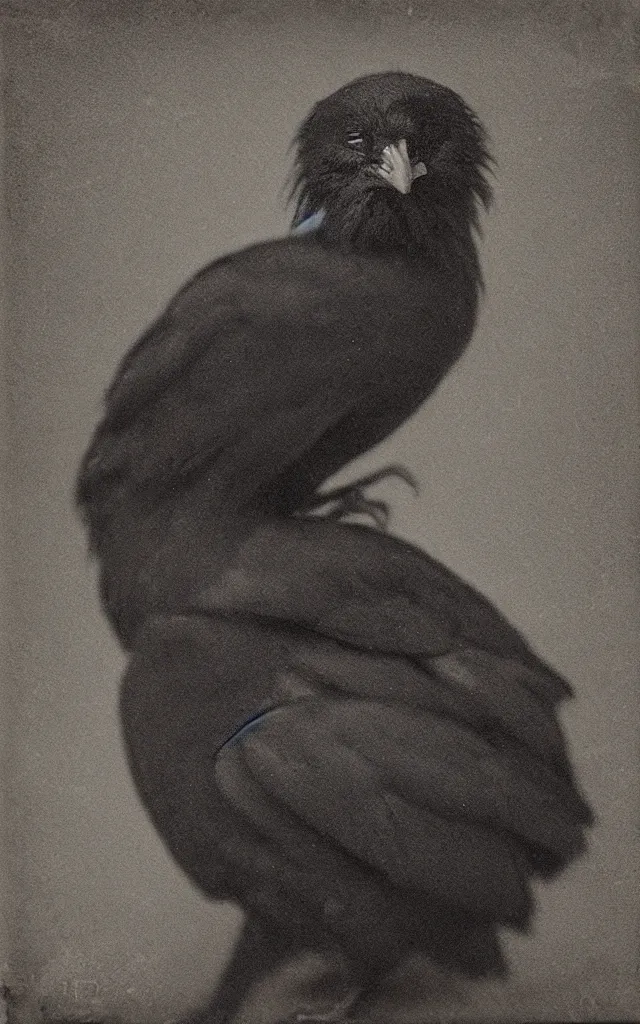 Prompt: portrait of a creepy human - crow hybrid, daguerreotype, studio lighting, hyperrealistic, ultra detailed