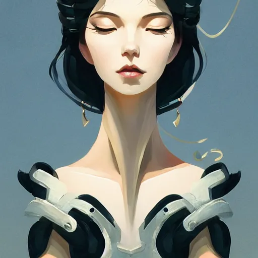 Image similar to stylized minimalist a beautiful black haired woman with pale skin and a crown on her head sitted on an intricate metal throne, loftis, cory behance hd by jesper ejsing, by rhads, makoto shinkai and lois van baarle, ilya kuvshinov, rossdraws global illumination,