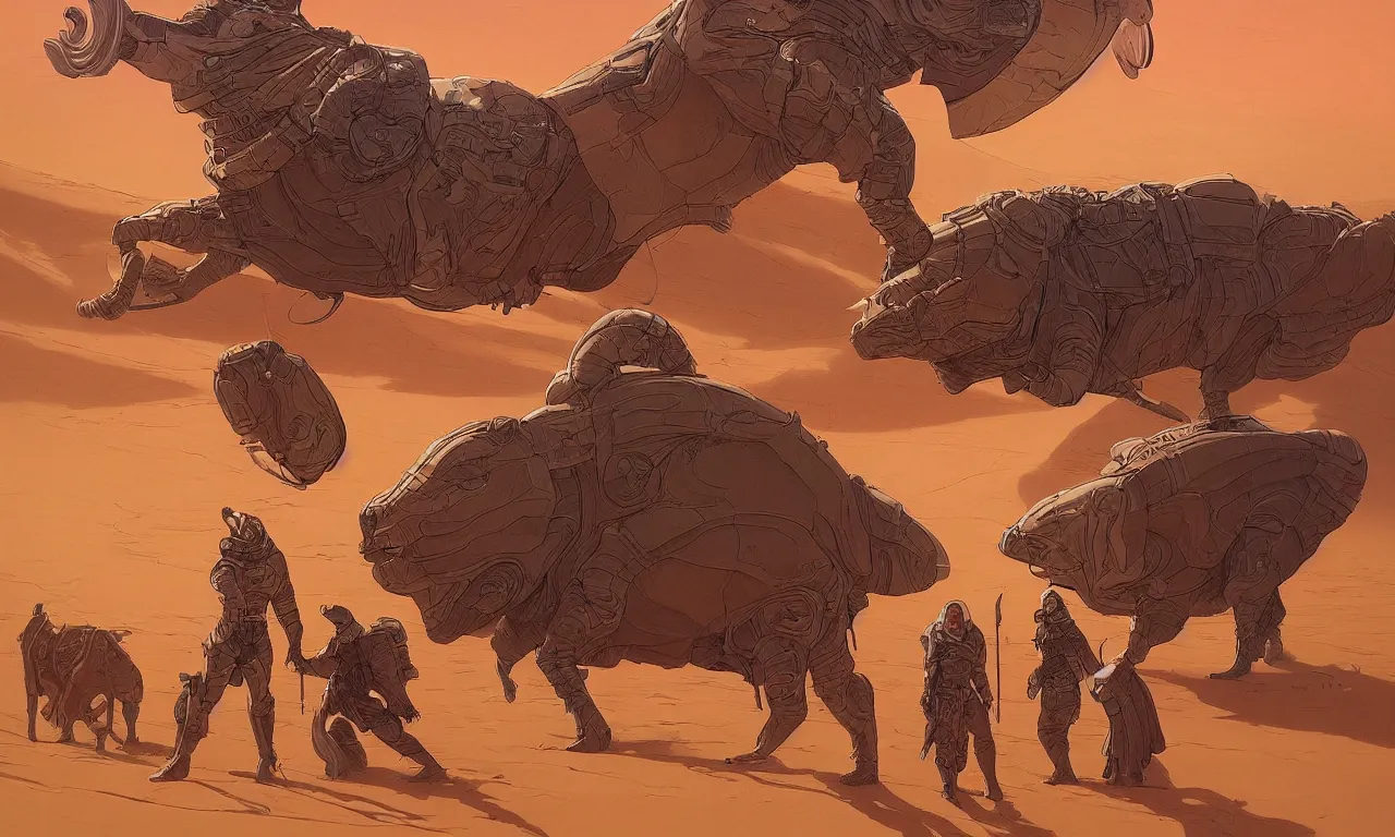 Prompt: detailed painting of dune movie, desert landscape, huge bull emerging from the sand, trending on artstation, by josan gonzalez, flat colors, defined lines