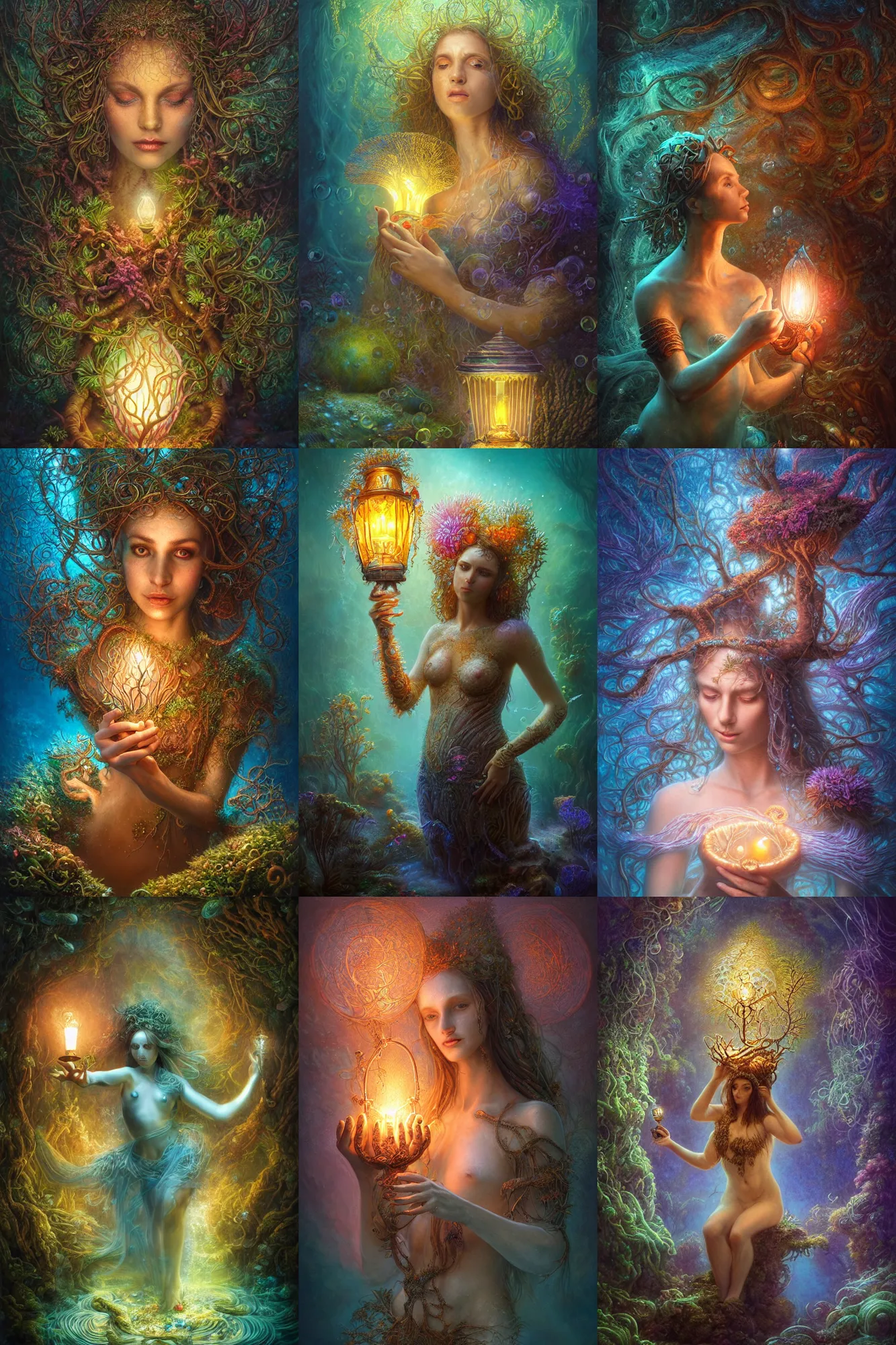 Prompt: a stunning ultra detailed underwater fantasy fine art photo of a goddess holding a glowing lamp, overgrown with colorful polyps, by tomasz alen kopera and anna dittman, water bubbles, very detailed, deep depth of field, 5 0 mm lens, soft lighting, artstation, highly coherent, 8 k