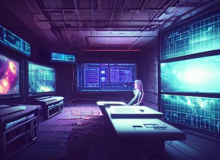 Prompt: a dimly lit room with a cyberpunk girl sat in the middle. a wall of televisions and computer screens showing images of aliens, planets and data. oscilloscope. cyberpunk vibes. sci - fi. realistic photography art. zack snyder. tooth wu and wlop and beeple and greg rutkowski. dslr. 8 k resolution. vray