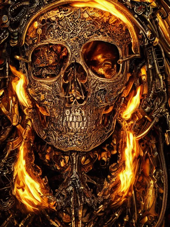 Image similar to portrait art of 8k ultra realistic skull on fire,intricate gold crown, detailed intricate ornate armour,decaying, cybernetic, full of colour, cinematic lighting, battered, trending on artstation, 4k, hyperrealistic, focused, extreme details,unreal engine 5, cinematic, masterpiece, art by ayami kojima, giger