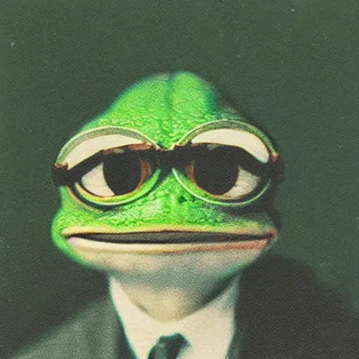 Image similar to pepe the frog, realistic old photograph, polaroid