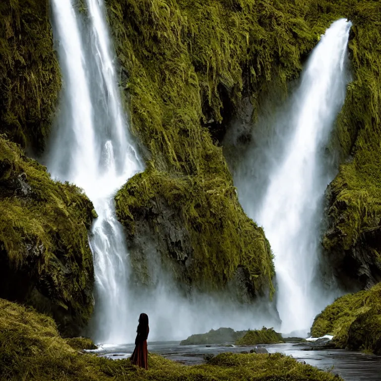 Image similar to dark and moody 1 9 8 0's artistic color spaghetti western film, a woman in a giant billowing wide long flowing waving shining bright white dress, standing inside a green mossy irish rocky scenic landscape, huge waterfall, volumetric lighting, backlit, atmospheric, fog, extremely windy, soft focus